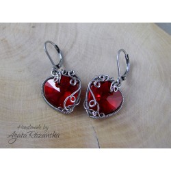 Kolczyki serca Swarovski Light Siam, wire wrapping