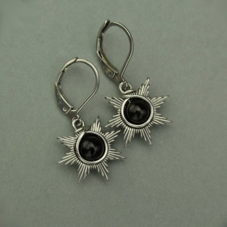 Małe kolczyki słoneczka obsydian, wire wrapping, kolczyki słońca