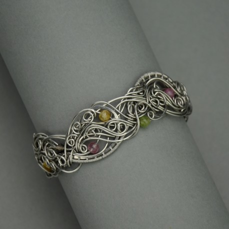 Bransoleta szeroka kolorowe turmaliny wire wrapping