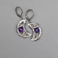 Kolczyki księżyce ametyst, wire wrapping, półksiężyce