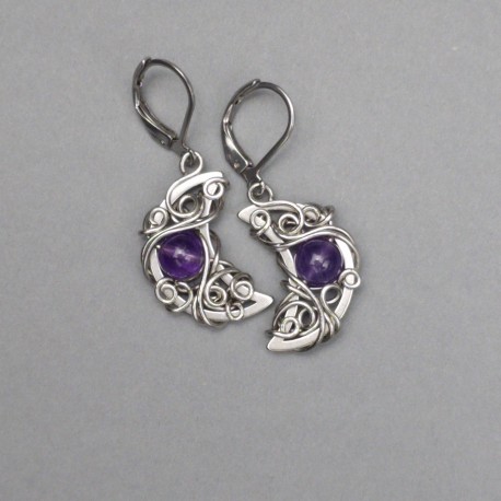 Kolczyki księżyce ametyst, wire wrapping, półksiężyce