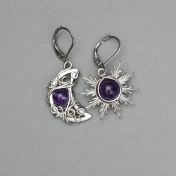 Asymetryczne kolczyki księżyc i słońce ametyst, wire wrapping