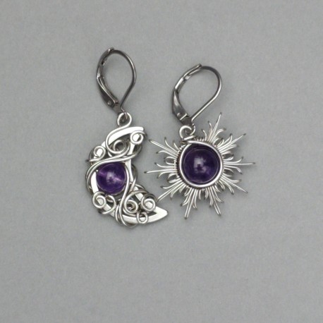 Asymetryczne kolczyki księżyc i słońce ametyst, wire wrapping