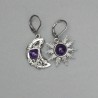 Asymetryczne kolczyki księżyc i słońce ametyst, wire wrapping
