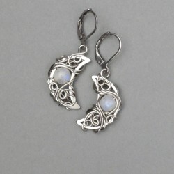 Kolczyki księżyce kamień księżycowy, wire wrapping, półksiężyce
