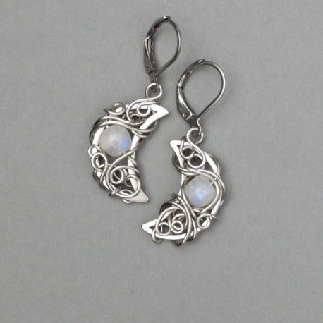 Kolczyki księżyce kamień księżycowy, wire wrapping, półksiężyce