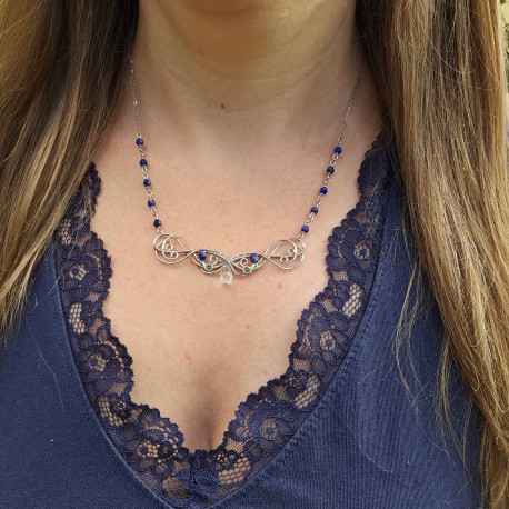 Oryginalny naszyjnik kryształ górski i lapis lazuli, wire wrapping