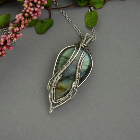 Wisiorek labradoryt wire wrapping stal chirurgiczna