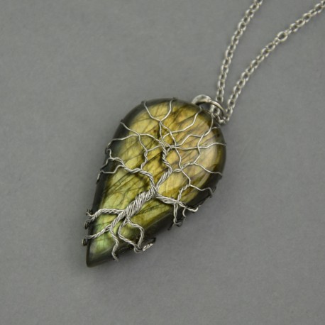 Wisior kolorowy labradoryt drzewo życia wire wrapping stal chirurgiczna