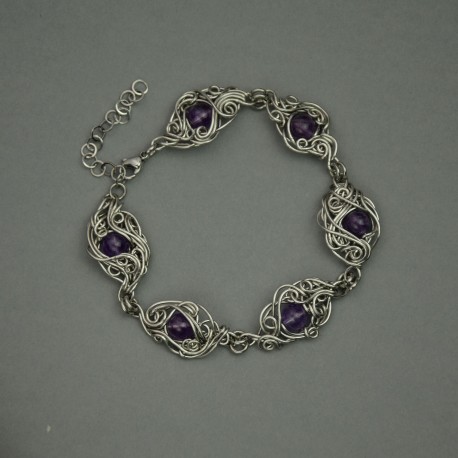 Bransoletka fioletowy ametyst, wire wrapping