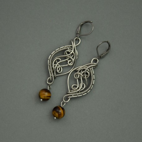 Kolczyki tygrysie oko, wire wrapping