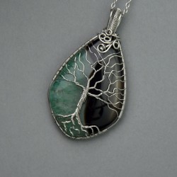 Wisior agat z zielonym kryształem drzewo życia wire wrapping